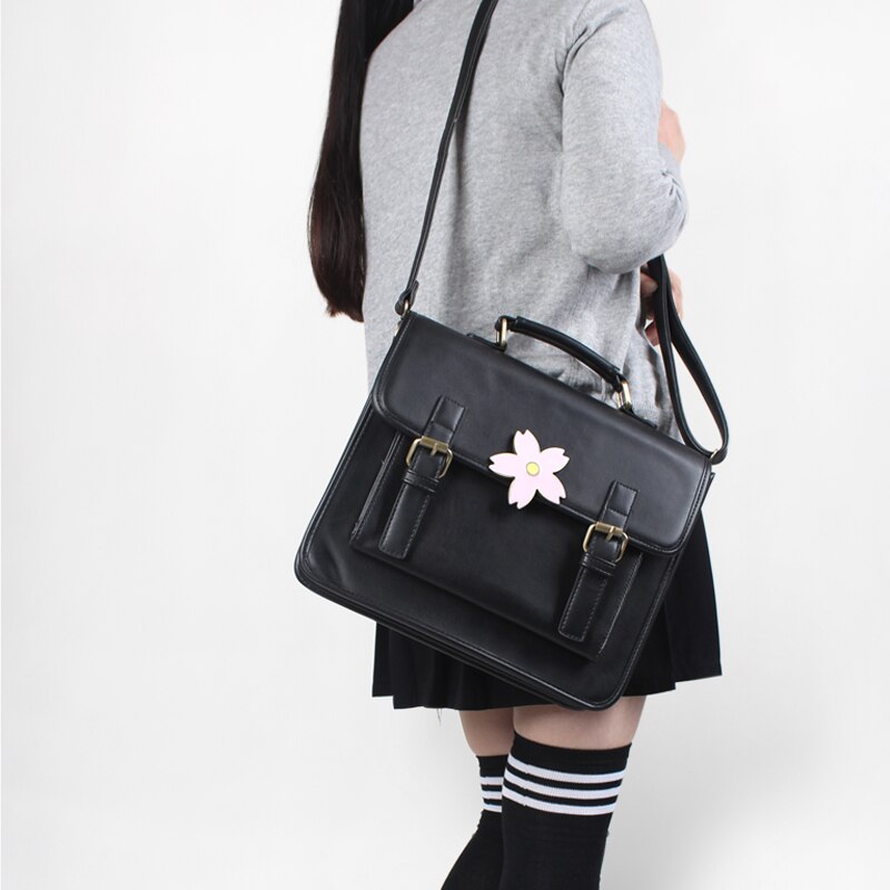 Japanese Uniform Preppy Style Handbag Women School Bag PU Vintage Handle Bag With Sakura Buckle Shoulder Bag For Girls