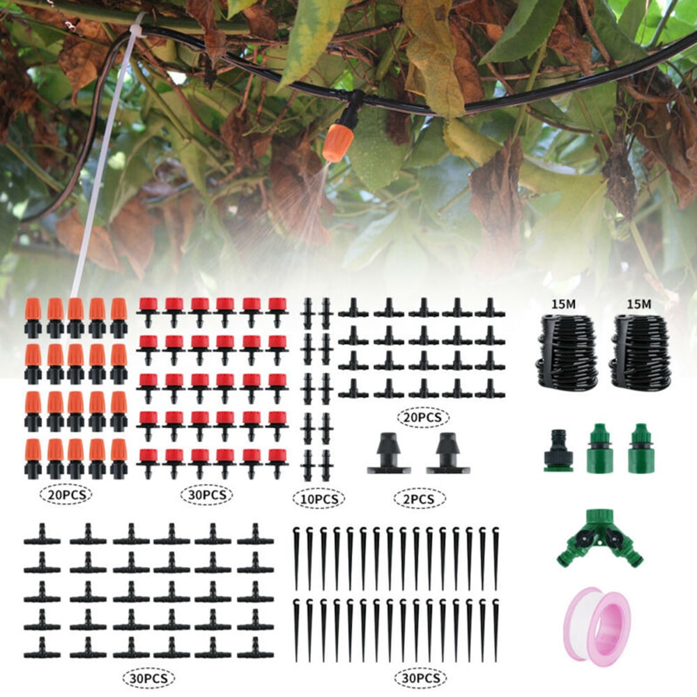 100ft 2x15m Auto Adjustable Drip Irrigation Set System Kit Timer Micro Sprinkler Garden Potted Plant Watering Tool Sets