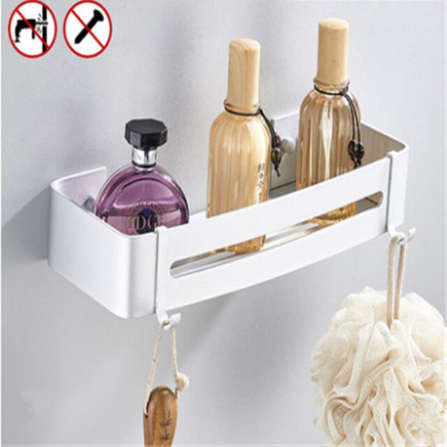Badeværelse hylder bruser hylde bad hjørne shampoo opbevaring rack vægmonteret aluminium badeværelse kurv holder køkken tilbehør: Rektangel hvid 1