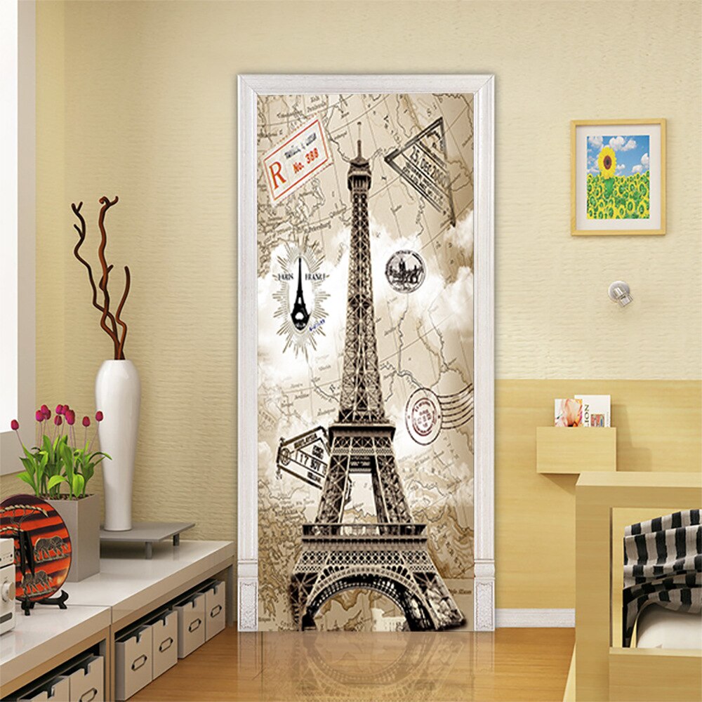 Door Stickers Paris Eiffel Tower Style 3d Wall Art Vinyl Door Mural Home Decoration Waterproof Poster