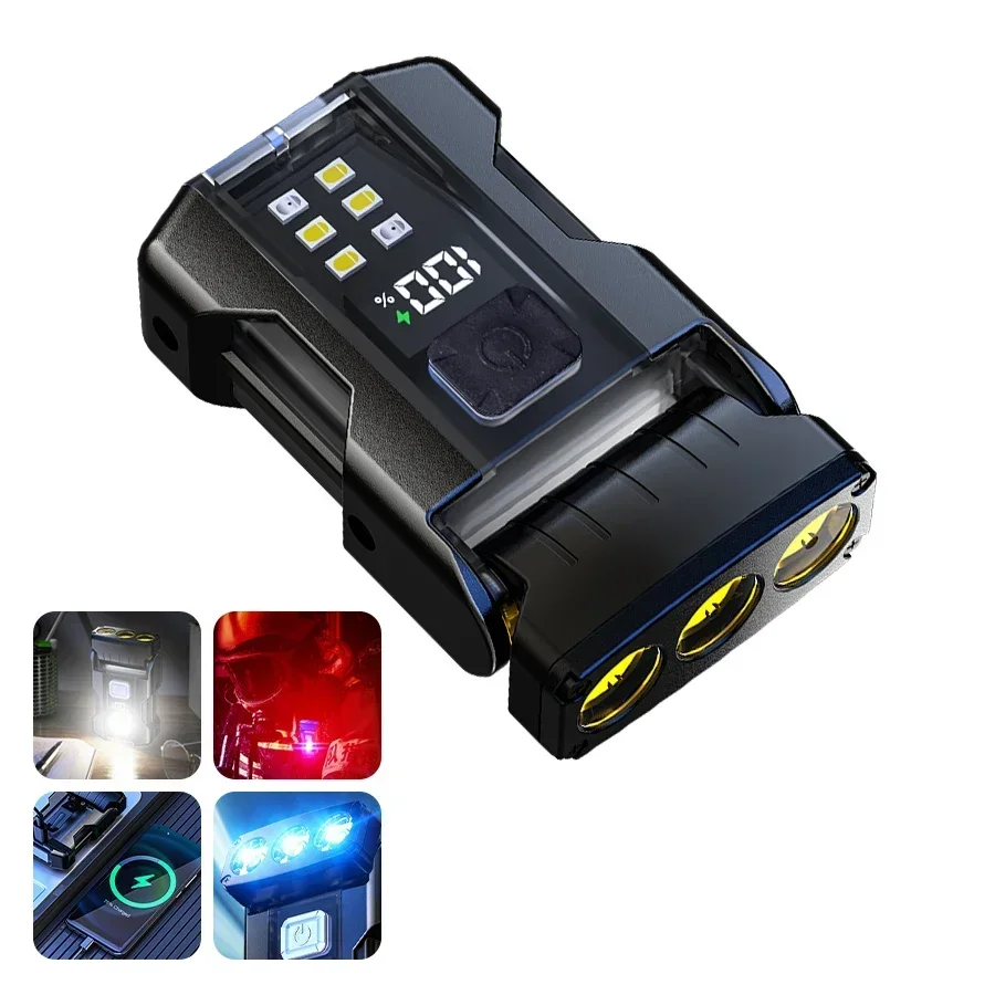 Portable Mini LED Flashlights USB Rechargeable EDC Flashlight with Battery Display Magnetic Working Light 7 Modes Fishing Torch: Blue