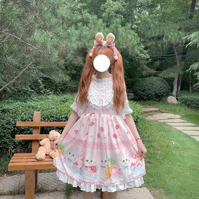 Kawaii japansk original lolita flicka lolita svamp kanin spets söt ärmlös klänning: Rosa