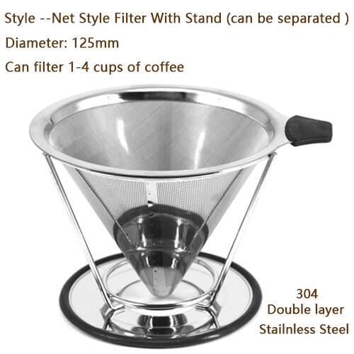 Dubbele Laag Koffie Filter 304 Rvs Drip Koffie Houder Trechter Manden Herbruikbare Coffe Filters en Stand Koffie Filter: Net Filter Stand