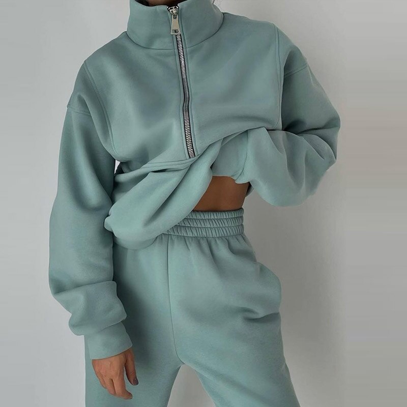 Casual Oversized Polo Zipper Sweatshirts And Trouser Tracksuits Set Women Fleece Two Piece Set Spring Winter Sports Warm Suit