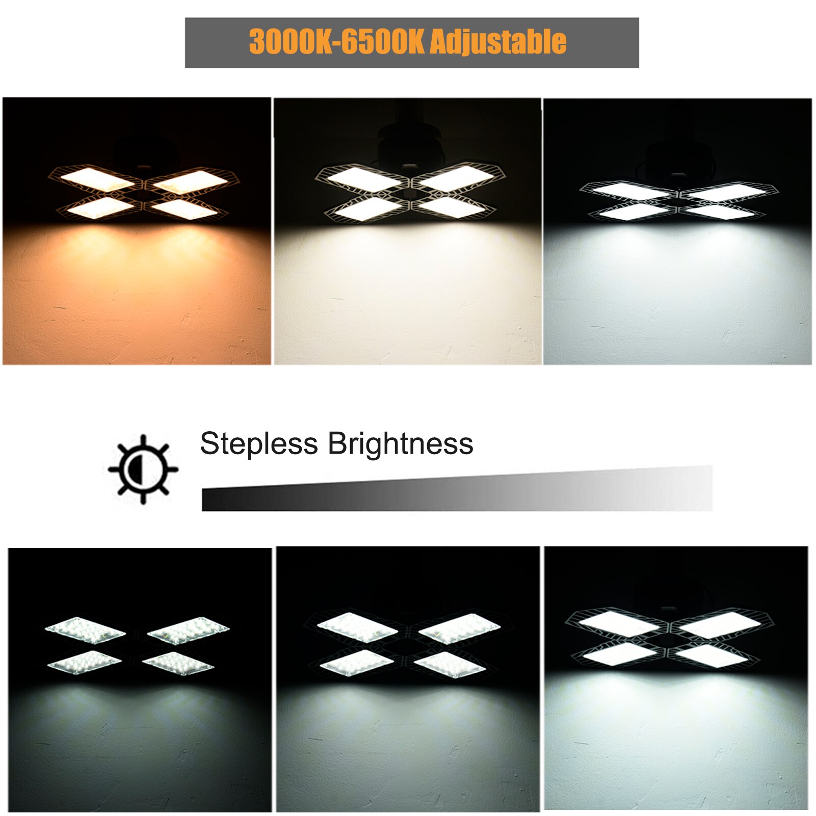 100W Garage Light Remote Control Bluetooth APP Control 3000K-6500K 10000LM Four Leaf Dimmable Adjustable Smart Folding Light