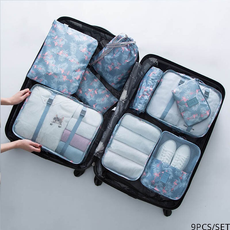 6Pcs/9 Stks/set Reizen Verpakking Cube Ondergoed Bagage Schoenen Kleding Organizer Waterdichte Reistassen Kleding Sorteren Organiseer Bag: 9Pcs-Flamingo