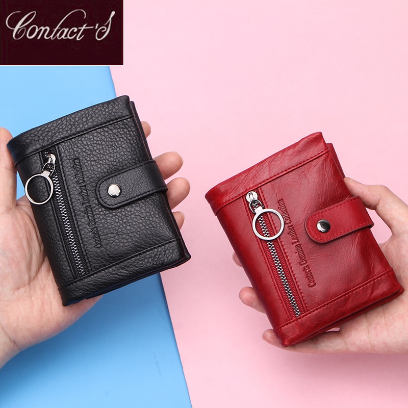 Genuine Leather Women Wallets Short Coin Purse Red Wallet Leather Rfid Card Holder Purse Zipper Female Coin Wallet Men