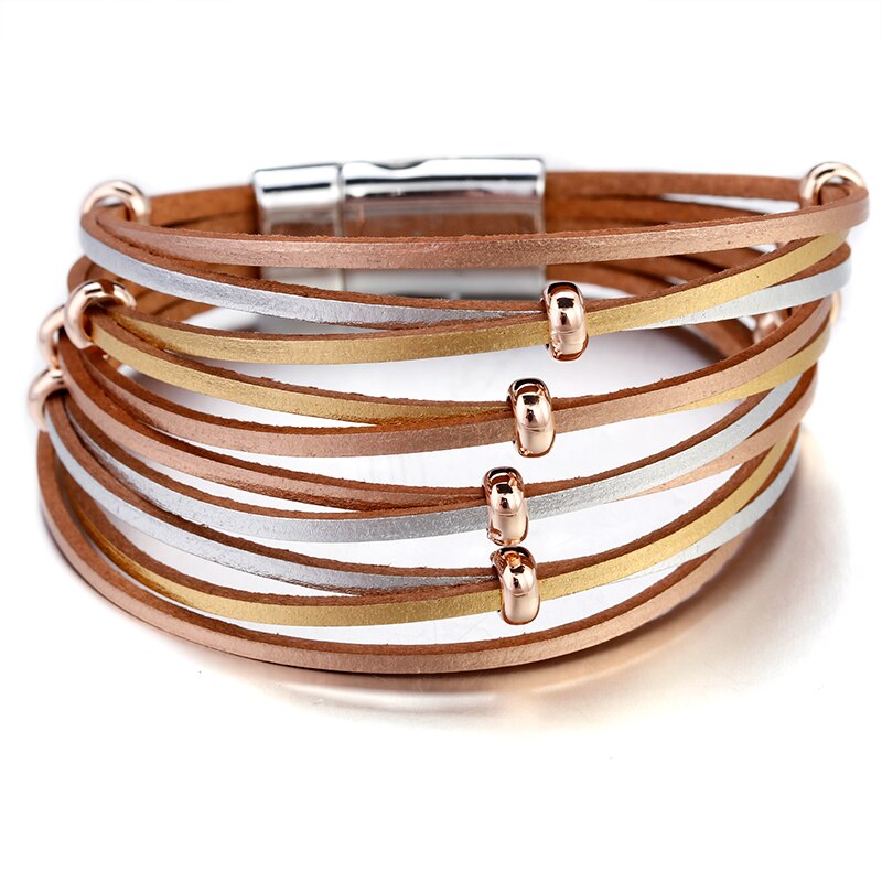 Amorcome Simple Boho Cross Net Hole Leather Bracelets for Women Crystal Metal Beads Multilayer Wide Wrap Bracelet Female Jewelry