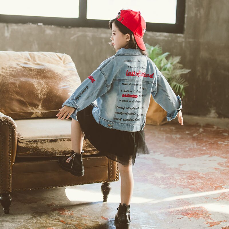 Dżinsowa kurtka dla dziewczyn 4-13 lat dzieci płaszcz dżinsowy wiosną i jesienią z powrotem haftowane litery kurtka dziewczyna płaszcze dziewczynka płaszcz