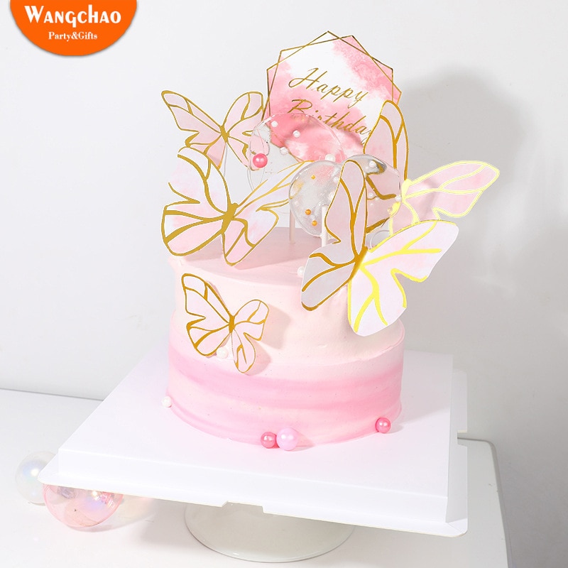 1 Set Roze Geschilderd Vlinder Thema Gelukkige Verjaardag Cake Topper Baby Shower Prinses Kids Gunsten Feestartikelen Candy Bar