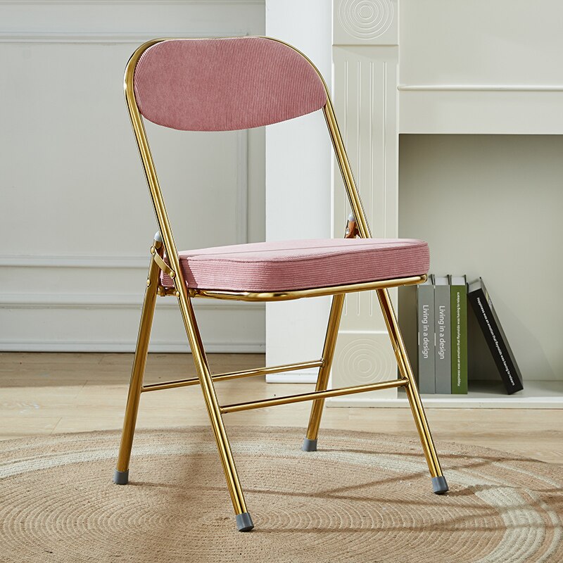 Retro Klapstoel Corduroy Huishoudelijke Verdikte Een Draad Hek Rode Fotografie Stoel Rugleuning Eetkamerstoel Nostalgische Kruk: Pink and gold