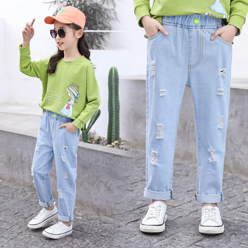 Piger jeans 4-13 år gammel bomuld vasket børn jeans koreanske jeans grøn knap flosset hul lange bukser børn jeans fritid