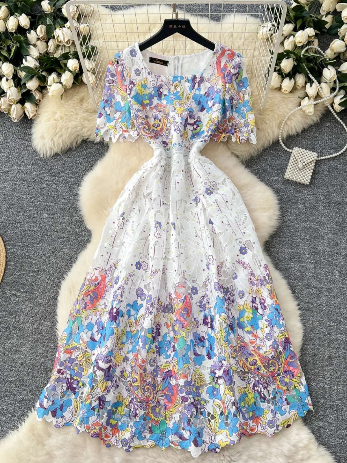 Blomsterbroderi udhulet blonde aftenkjoler kvinder sommer korte ærmer prinsesse retro midi lang festkjole gradient