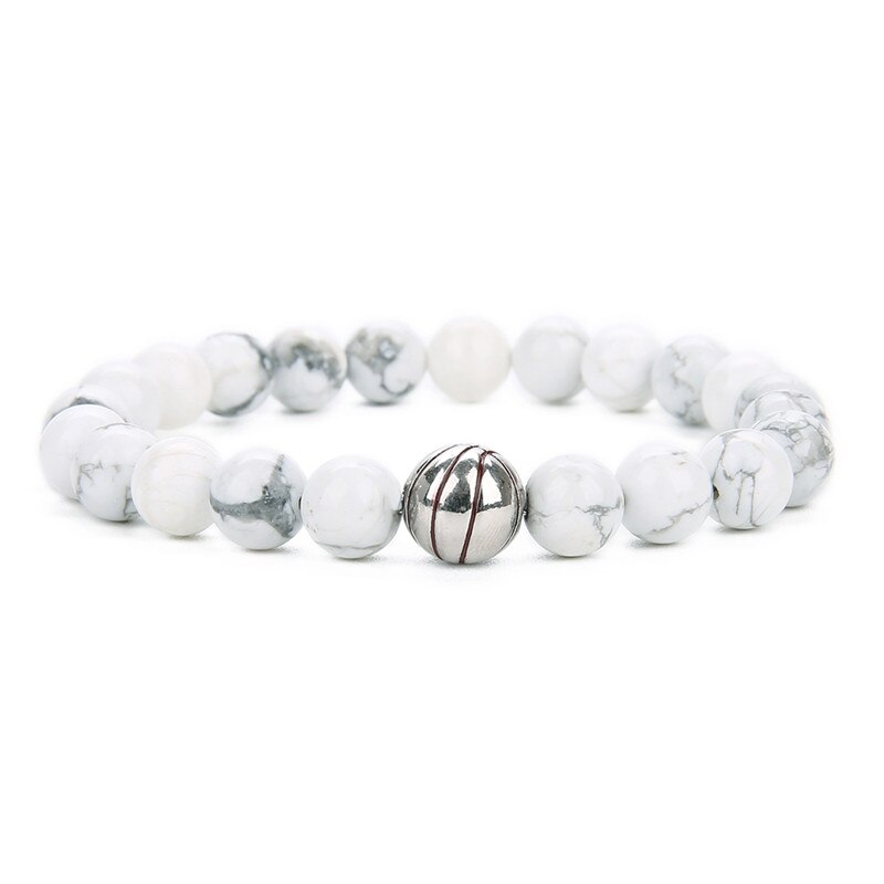 Pulsera con abalorios de baloncesto de piedra de Lava para mujer, brazalete deportivo de cuentas de baloncesto, brazalete con abalorio de béisbol, de Navidad: white steel