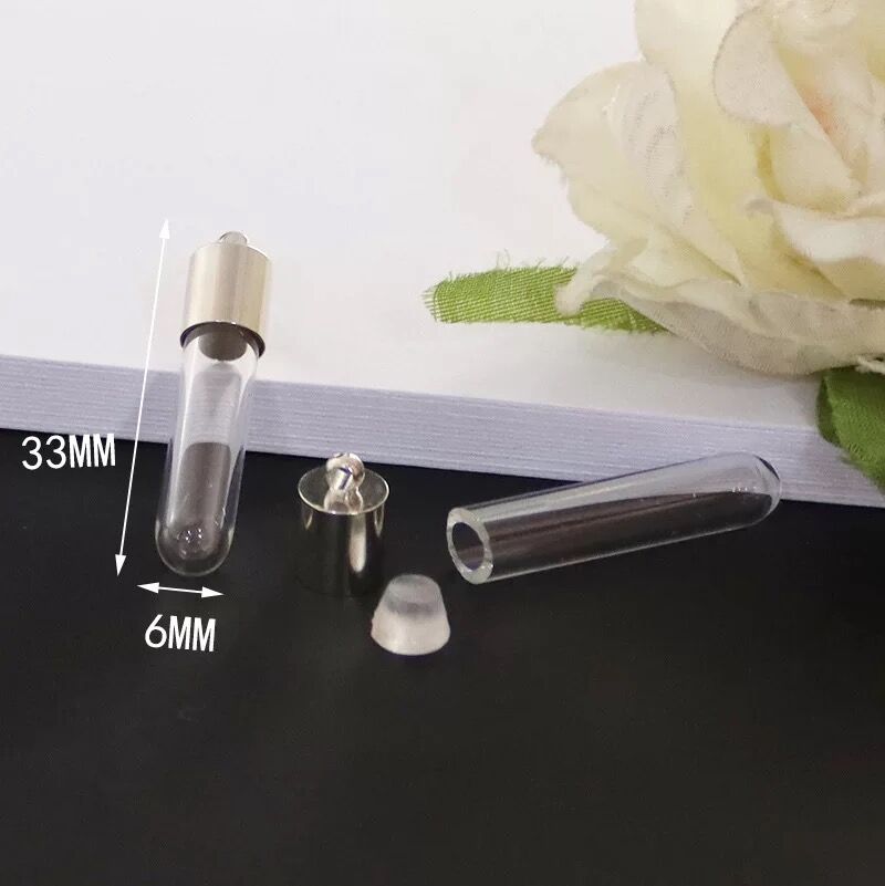 2pc 6mm mischen bilden glas Phiole Anhänger (metall kappe mit gummi stecker Mini glas charme/flasche miniatur fläschchen schmuck halskette: Nein1