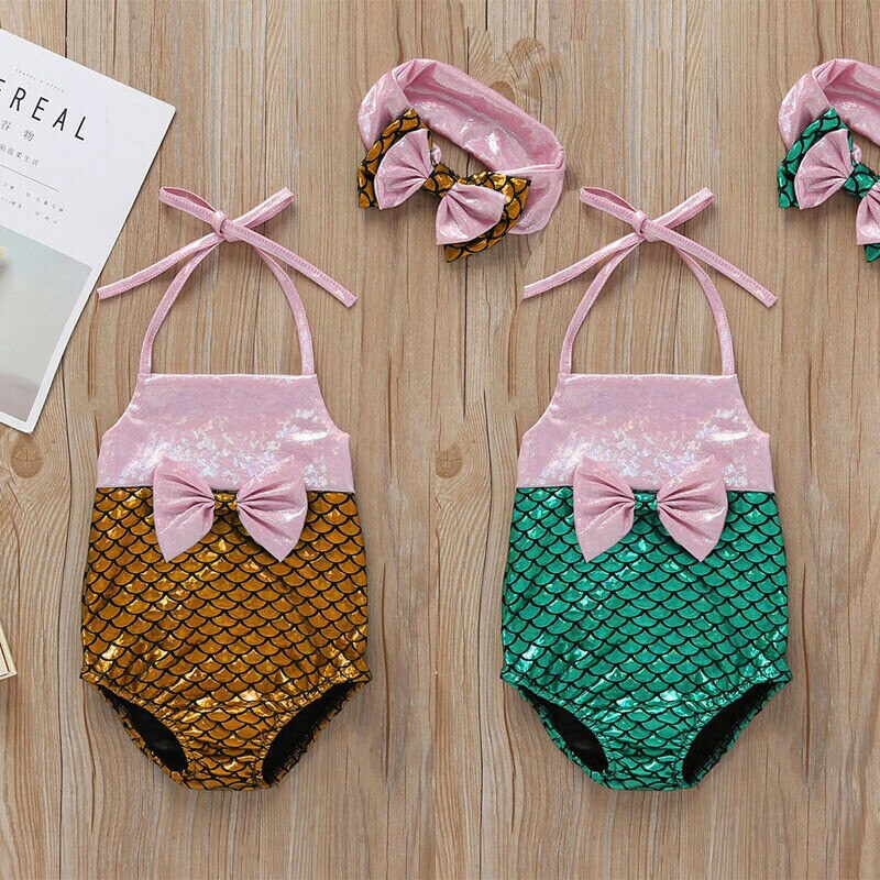 Leuke Zomer Strand Peuter Kids Baby Meisje Kleding Mermaid Badmode Badpak Boog Bikini Badpak Beachwear + Hoofdbanden