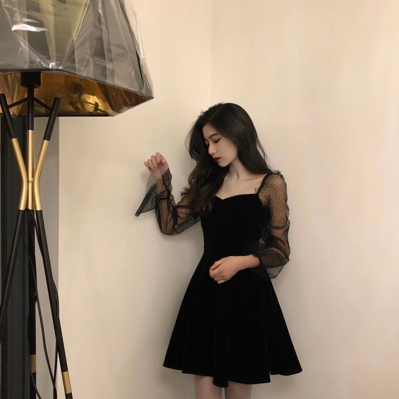 Dress Women Long Sleeve Mesh Transparent Low-cut Leisure Womens Party Dresses Mini Korean Style Loose Patchwork