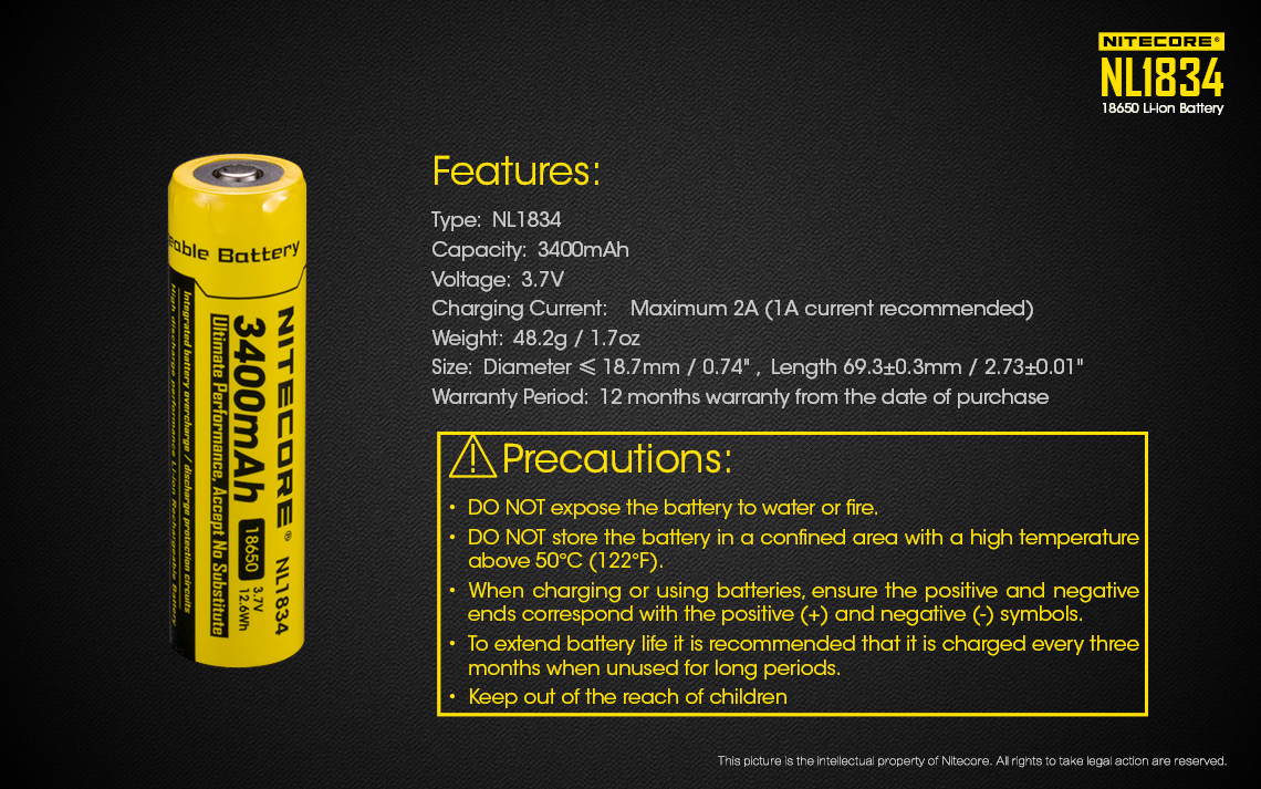 Nitecore  nl1834 3400 mah 3.7v 18650 genopladeligt li-ion batteri med beskyttelse
