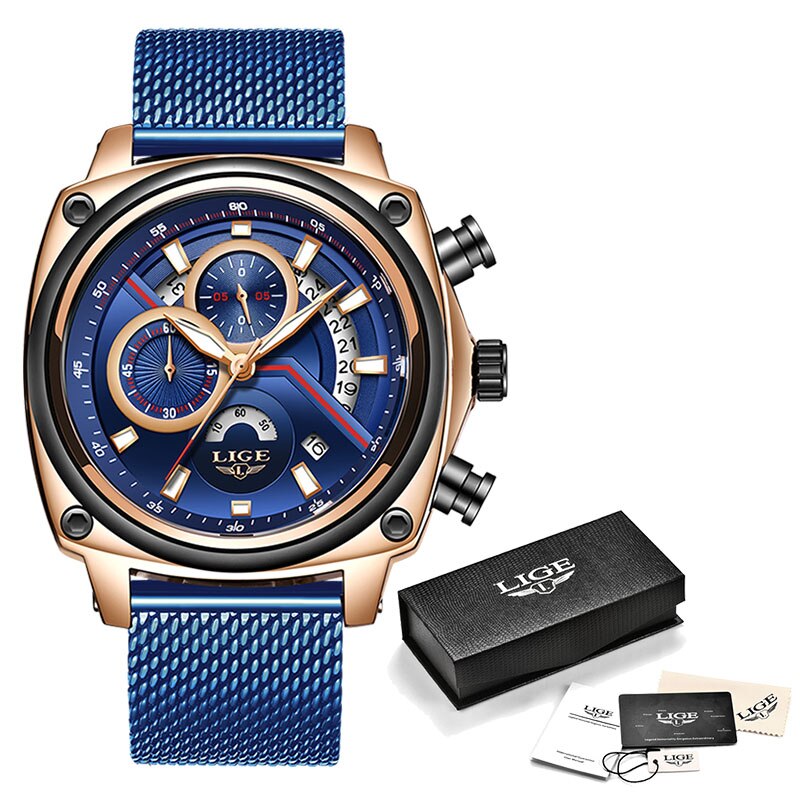 LUIK Horloges Heren Top Luxe Mode Creatieve Chronograaf Lederen Waterdichte Quartz Horloge Relogio Masculino: Rose Gold blue