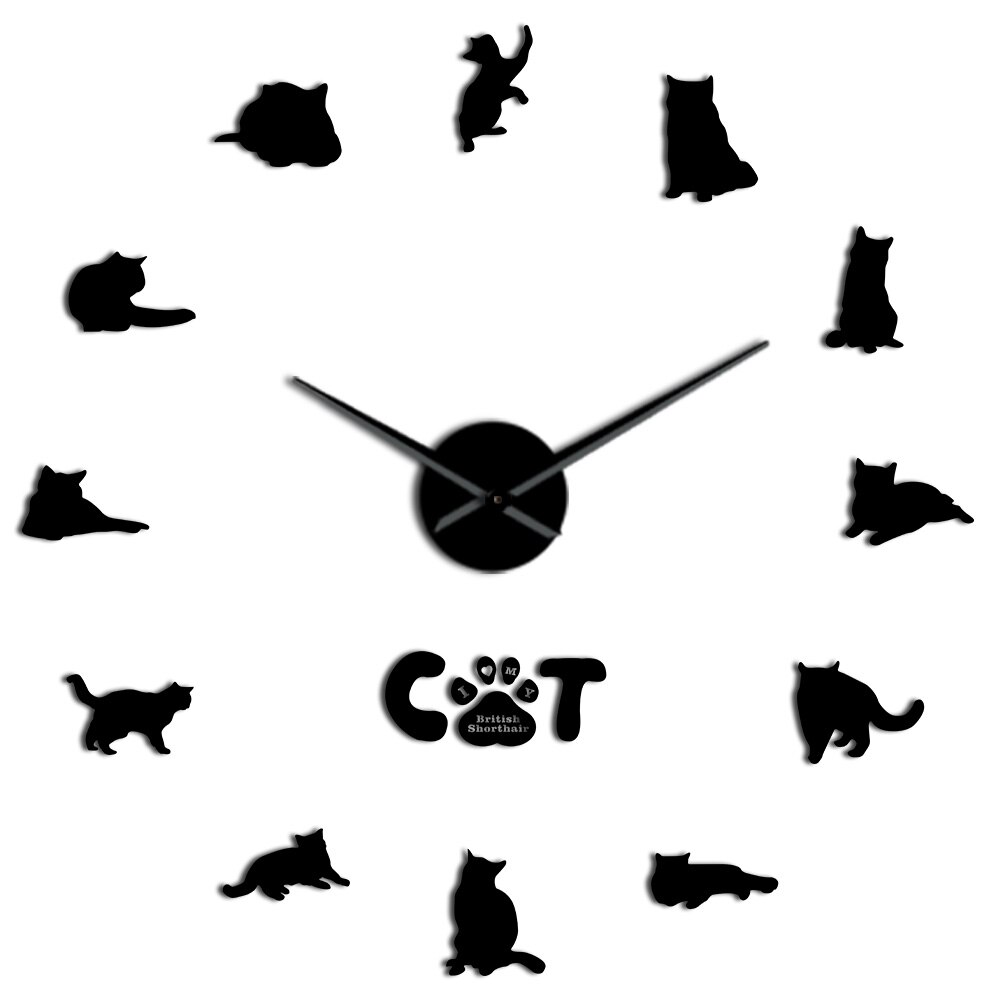 Britisk korthår kat wallsticker dekorativt gør-det-selv stort vægur grå kat rammeløs kat silhuet tal moderne ur ur: Sort / 27 tommer