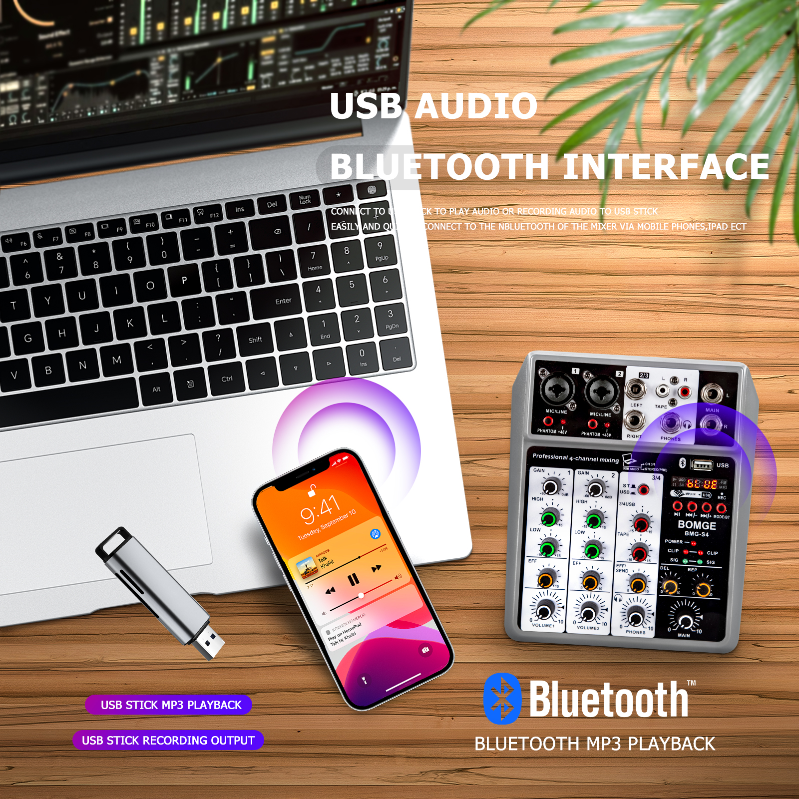 Digital 4- kanals lydmixer lydmikserpult med usb-interface stereomixere til dj-optagelse karaokebar