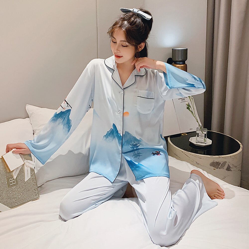 ChunShang Pajamas Women Ice Silk Long-Sleeved Two-Piece Cardigan Korean Style Simple Summer Home Service: XL