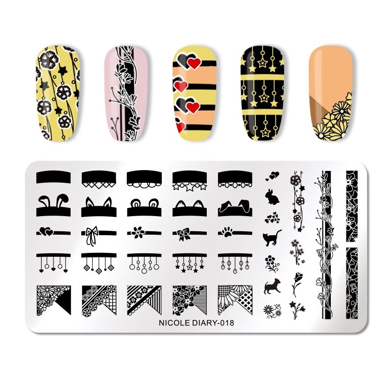 NICOLE DAGBOEK Nail Stempelen Platen Rechthoek Ronde Bloem Grid Plaid Geometrische Afbeelding Print Stencil Nail Template voor Polish Gel: ND018
