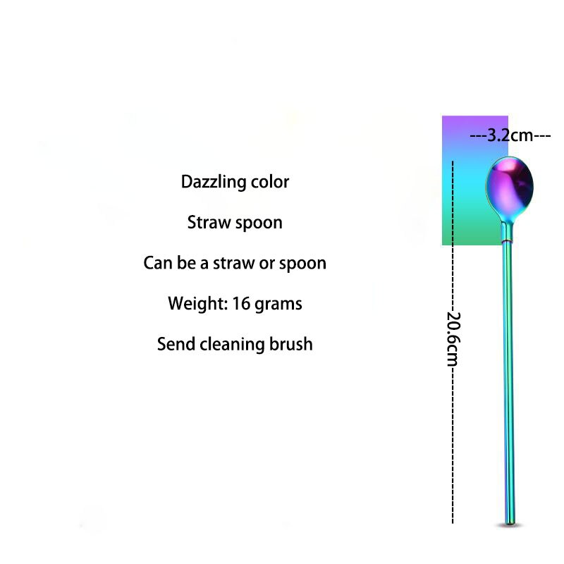 Stainless steel reusable western food straw spoon tableware dualuse dessert soup spoon cola drink straw ice spoon stirring spoon: 20.6cm Magic Color