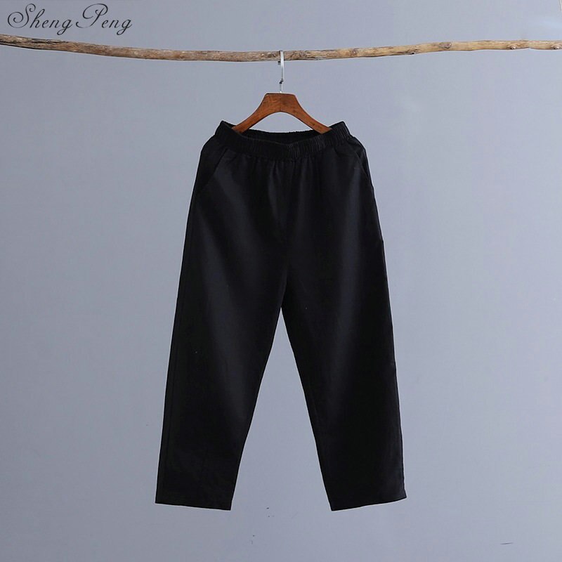 Pantalones bombachos elegantes de lino y algodón para mujer, pantalón de trabajo de cintura elástica con bolsillos, informales, color sólido, talla grande, Q755