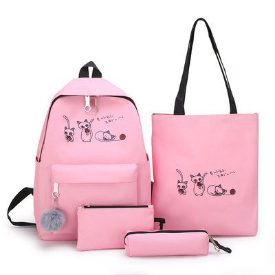 4 stk/sæt skoletaske elev rygsække til piger teenagere kvindelig taske sød tegneserie kat rygsække lærred taske rygsæk: B