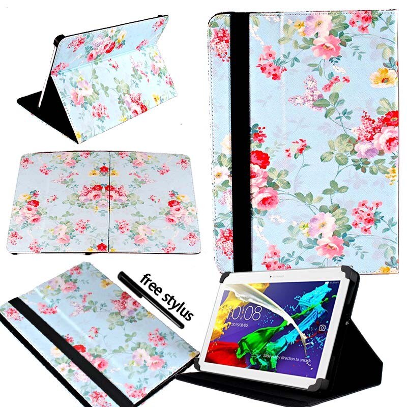 KK&LL For Lenovo Tab 2 A10-70 10.1 Inch - Leather Tablet Stand Folio Cover Case + Free stylus: Blue Floral
