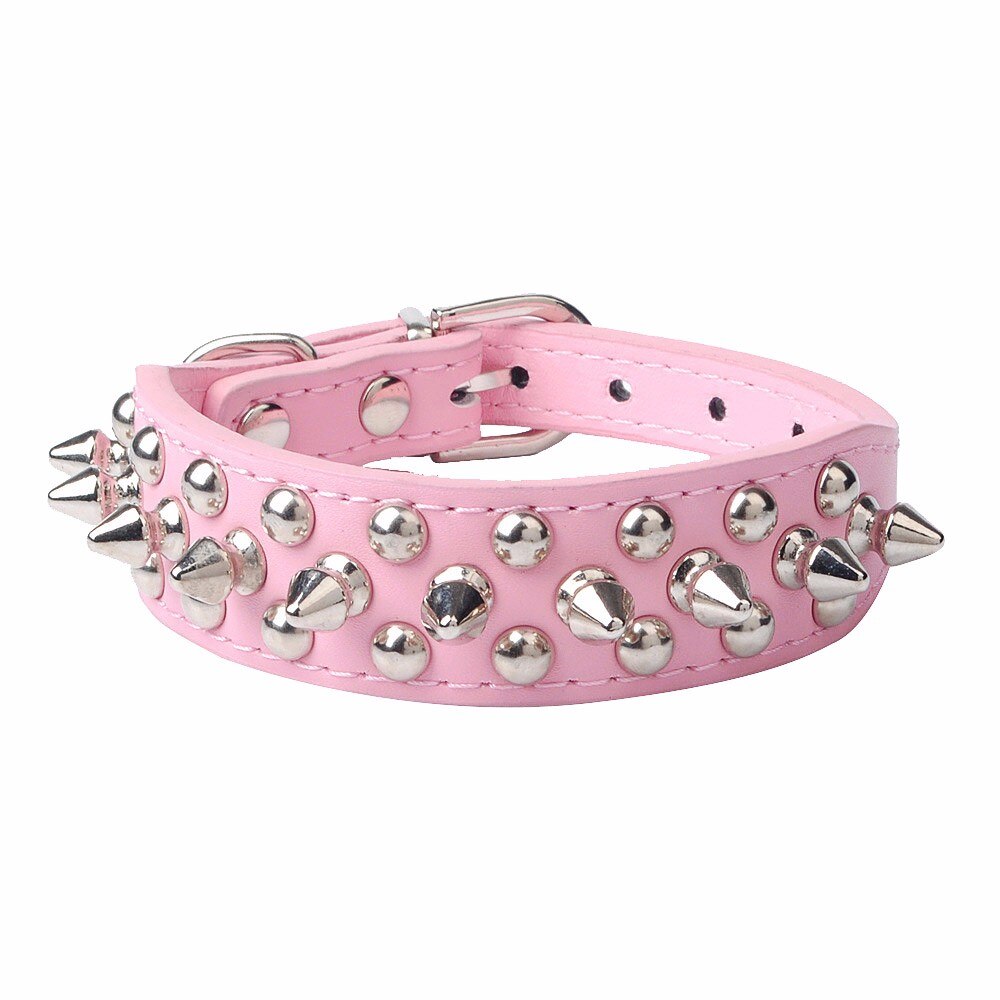 Cats Dog Leather Super Adjustable Leather Rivet Spiked Studded Pet Puppy Dog Collar Neck Strap Show Collar: PINK / L
