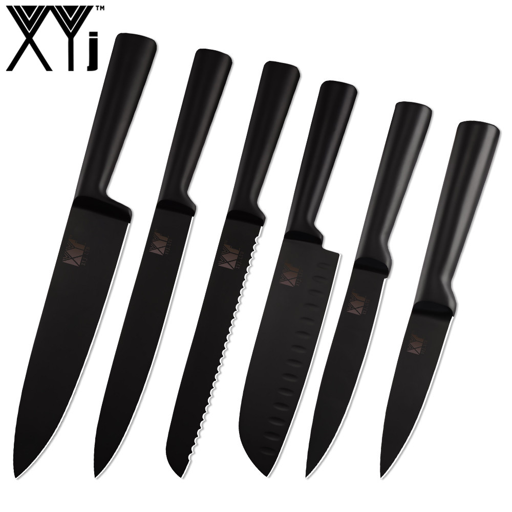XYj 8pcs Stainless Steel Kitchen Knives Set Nonstick Black Blade Chef