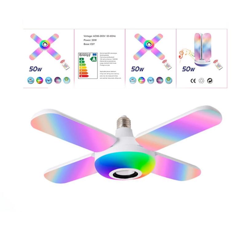 Bluetooth musique ventilateur lumière 50W E27 RGB Bluetooth musique plafonnier LED 4 feuilles déformé ampoule lampe musique télécommande lampe ampoule