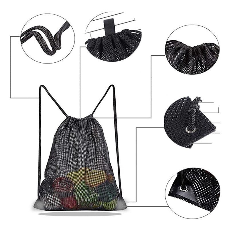 Heavy Duty Mesh Drawstring Backpack Bags Multifunction Ventilated Bag for Soccer ball, Gym Sports Equipment Storage Beach