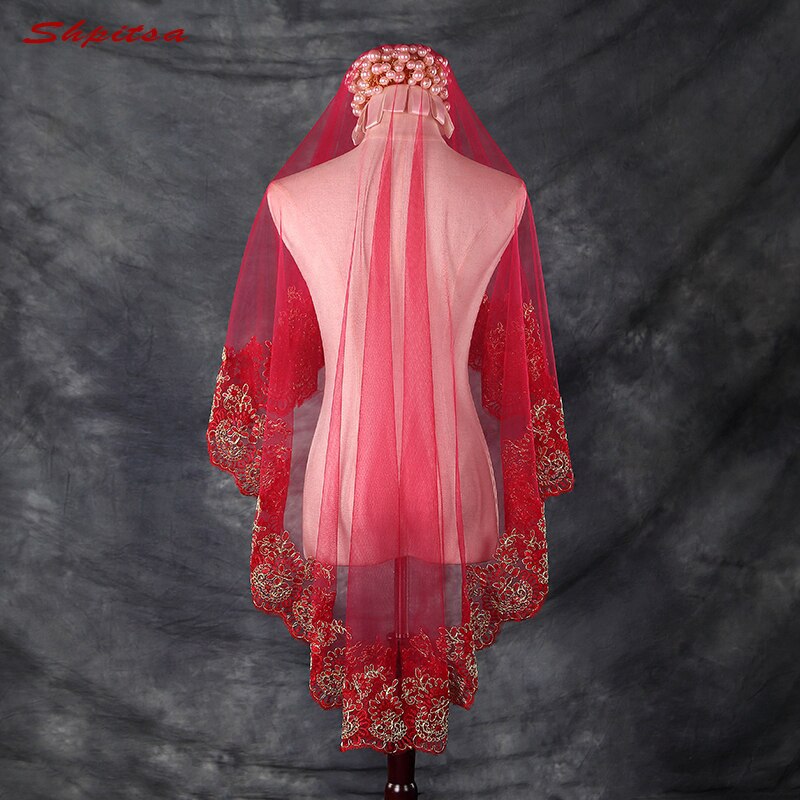 Red Lace Wedding Veil Short One Layer Bride Bridal Veils