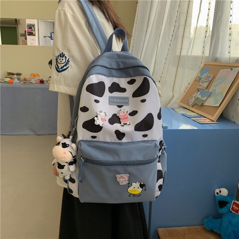 Cow Pattern Nyon Women Backpack Female Lovely School Bag For Teenage Girls Large Capacity Contrast Color Travel Bag Mochila