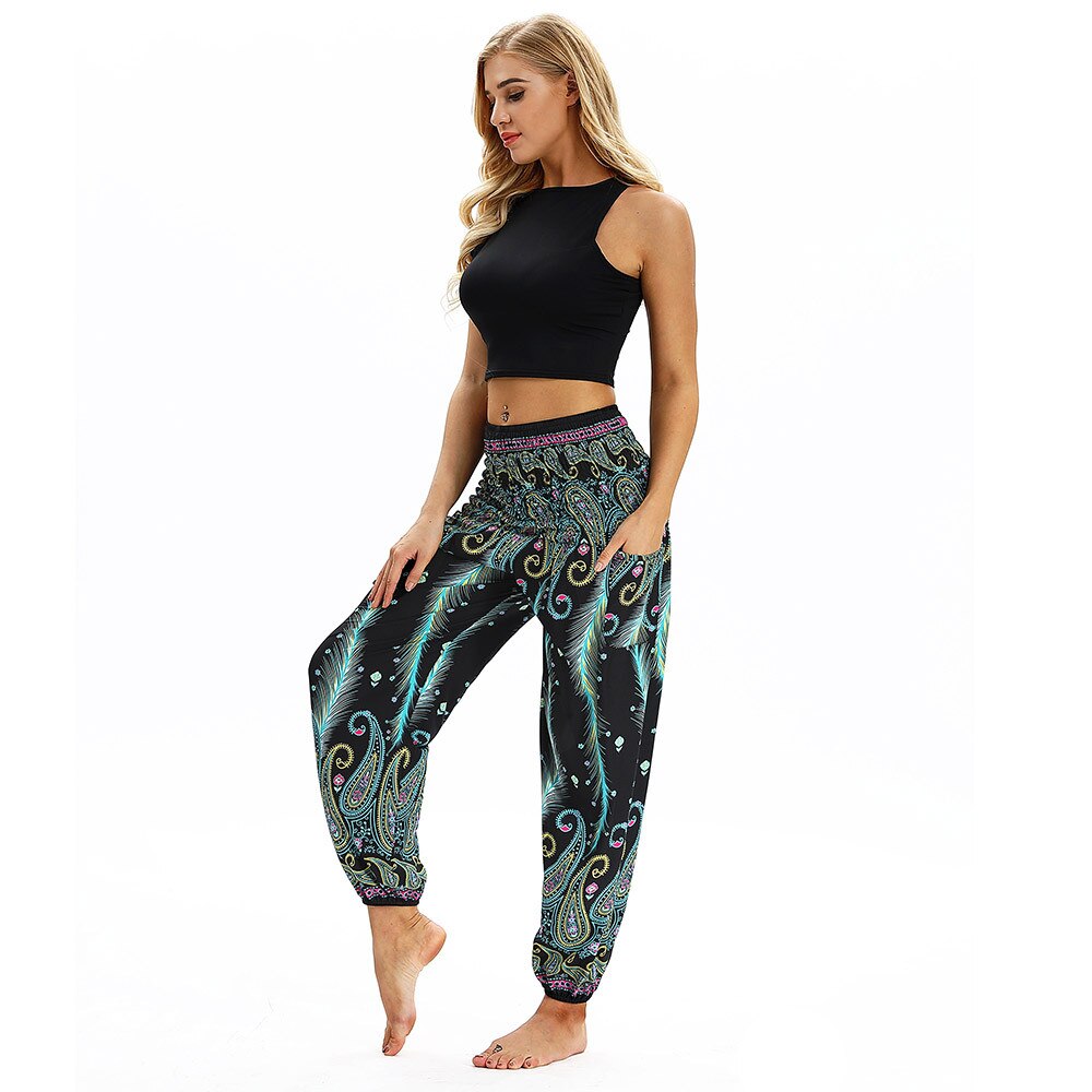 Heren dames losse harembroek dames heren bohemien casual print hippie lange broeken wijde pijpen zomer baggy broek #40