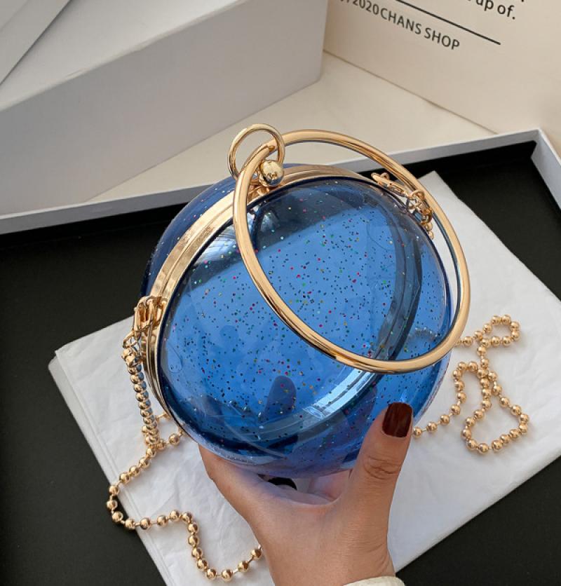 YYW Acrylic Round Ball Shoulder Bag For Women 2022 Crossbody Bags With Chain Transparent Evening Clutch PVC Handbags: blue