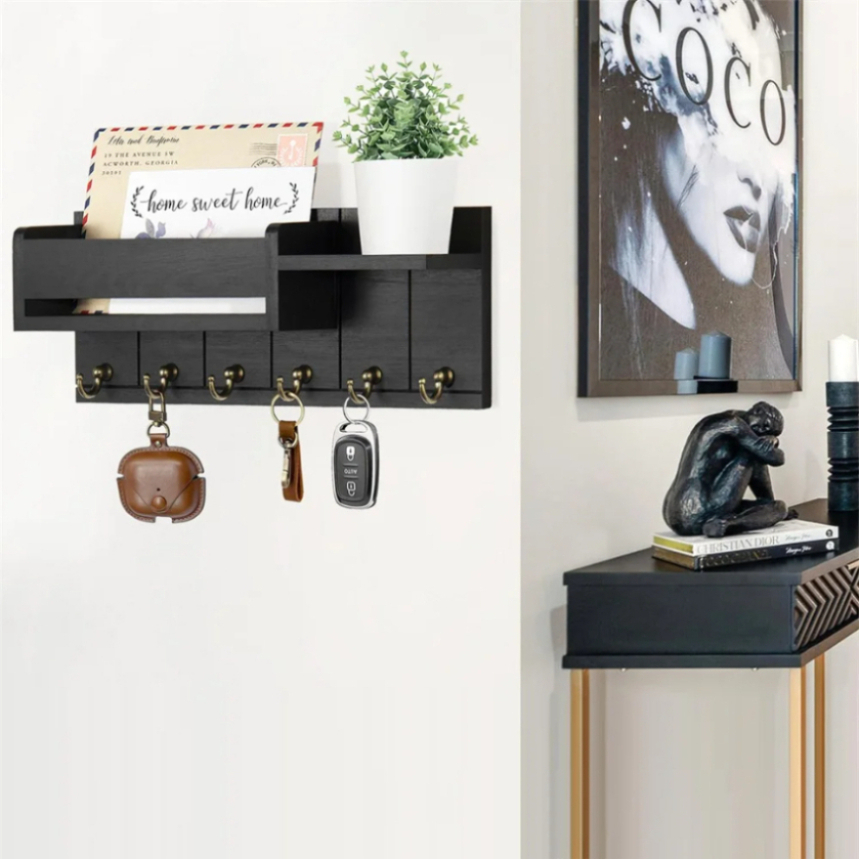 Rustic Decor Wood Wall Shelf with Mail & Key Hooks 6Hook Organizer Suitable for Living Room or Home Entryway