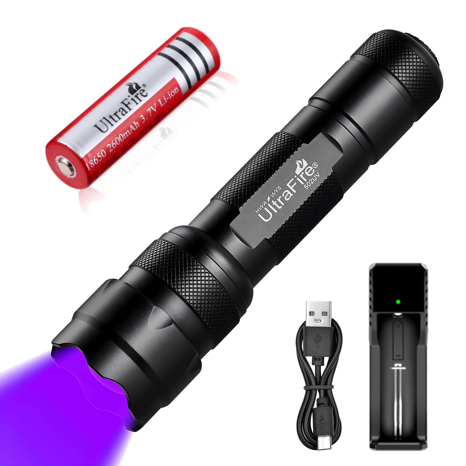 UltraFire 502UV 395-405nm UV Latarka Zoomable Czarne światło 18650 Akumulatorowa latarka ultrafioletowa do wykrywania/zwierząt/moczu/plam: changeable