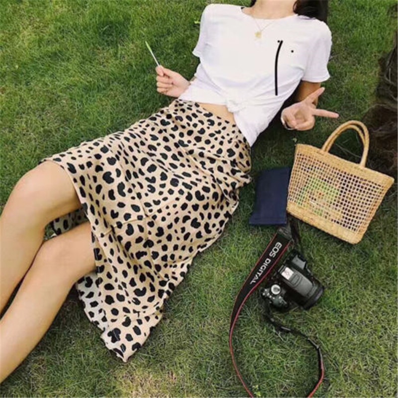Kvinnor omlott volanger en linje hög midja kjol dam casual leopardmönstrade korta mini kjolar smal leopard festkjol