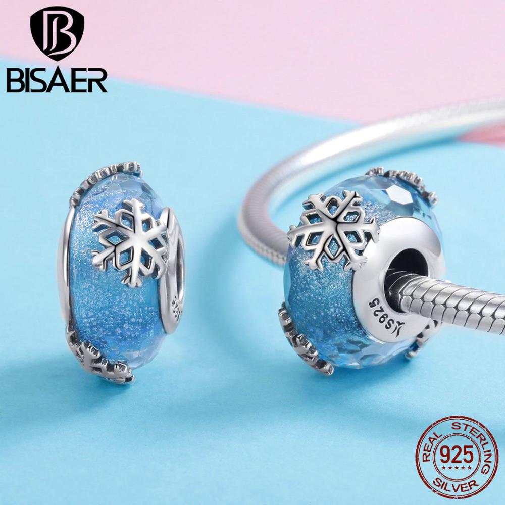 BISAER 925 Sterling Silver Glass Beads Snowflakes Mermaid Star European Beads Charms fit for Charm Bracelets Silver 925 Jewelry