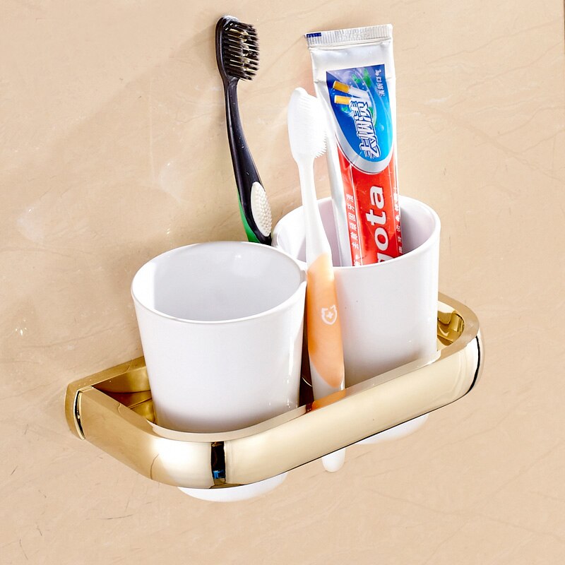 Luxe Goud Kleur Messing Vierkante Badkamer Accessoires Handdoek Plank Houder Toiletrolhouder Wall Mounted Bad Hardware Sets: Double Cup Holder