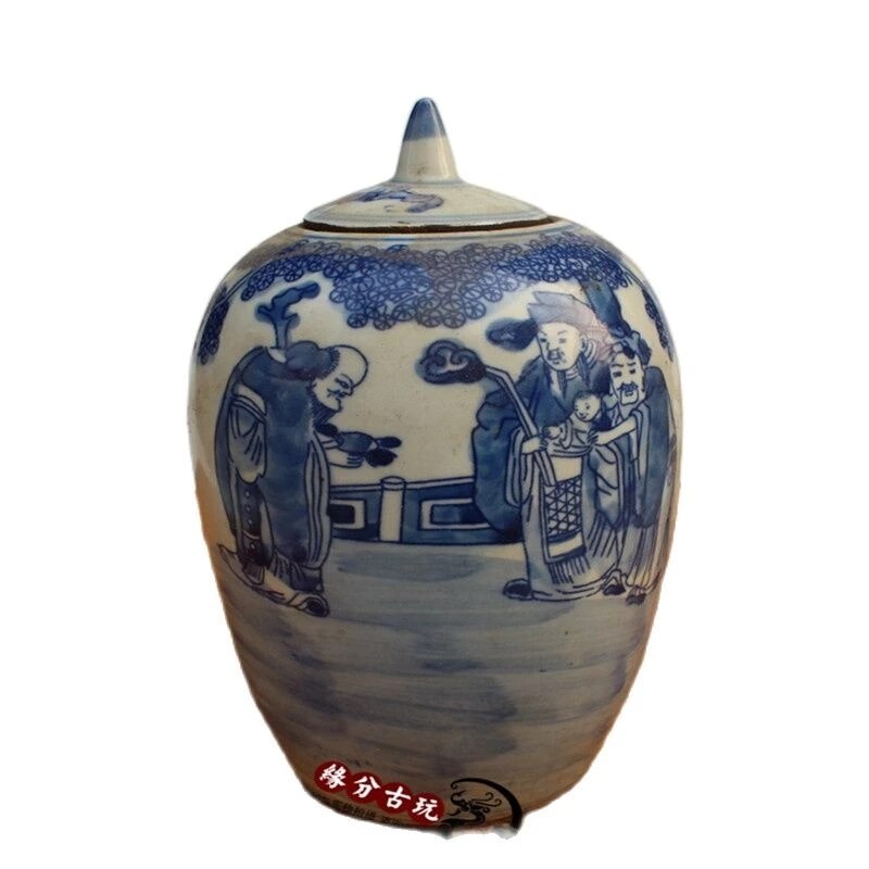 Pintura de porcelana China antigua, maceta azul y blanca