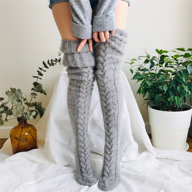 Fall Winter Warm Knittet Thick Women Stockings Floral Pure Color Loose Causal Stockings Knee Length Stockings 7 Colors: B