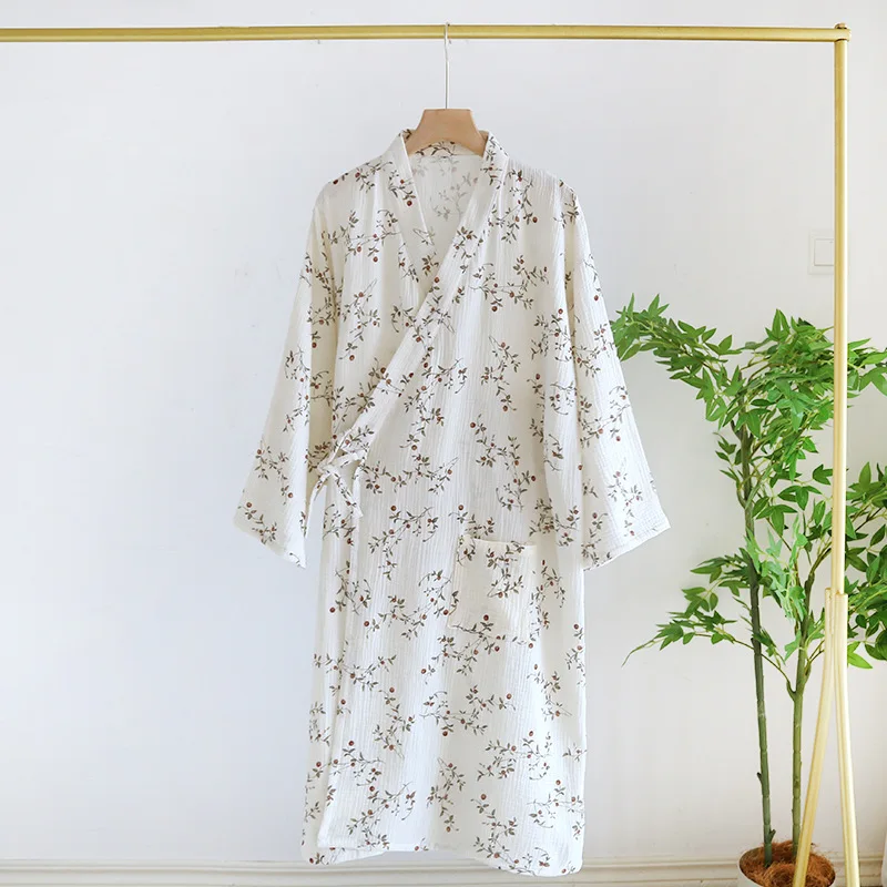 Katoenen Bamboe Bedrukte Nachtkleding Badjassen Voor Dames Lente En Zomer Dubbellaags Dunne Huiskleding Pyjama Gewaden: L / Blauw