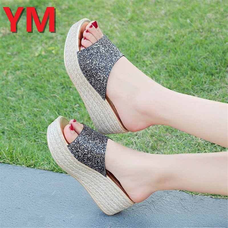Zomer bling dames slippers rome retro casual schoenen dikke onderkant wig hak open teen sandalen strandschoenen slip on slides dames