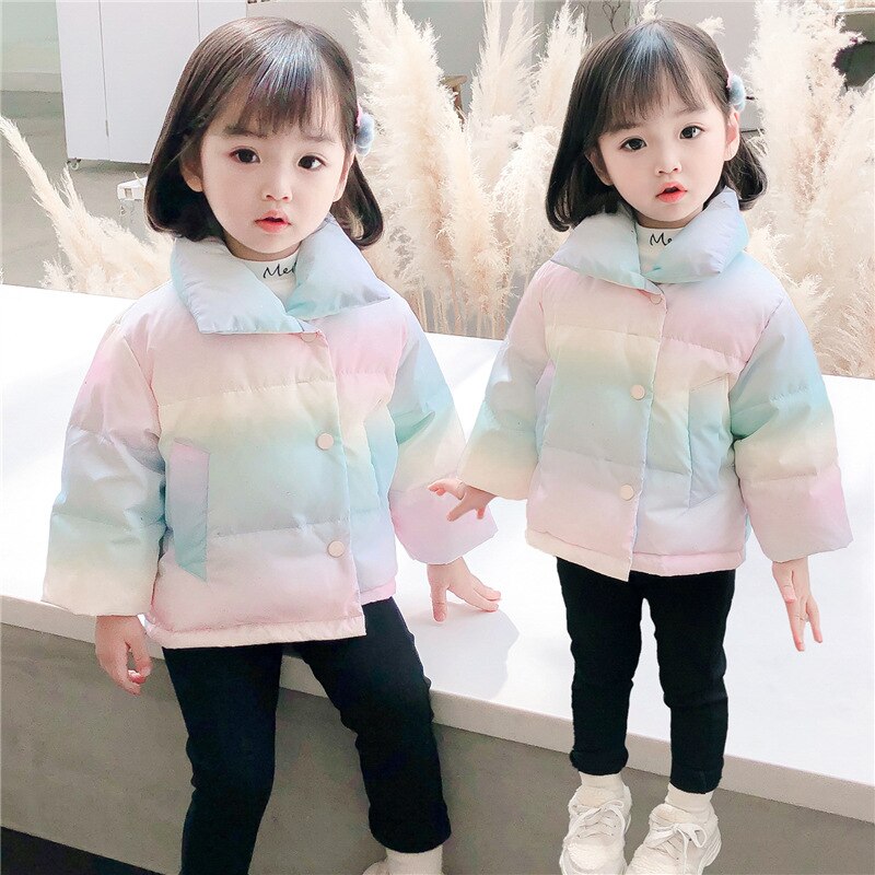 Winter girl's cotton padded coat children's baby rainbow printed cotton padded coat children's high collar coat