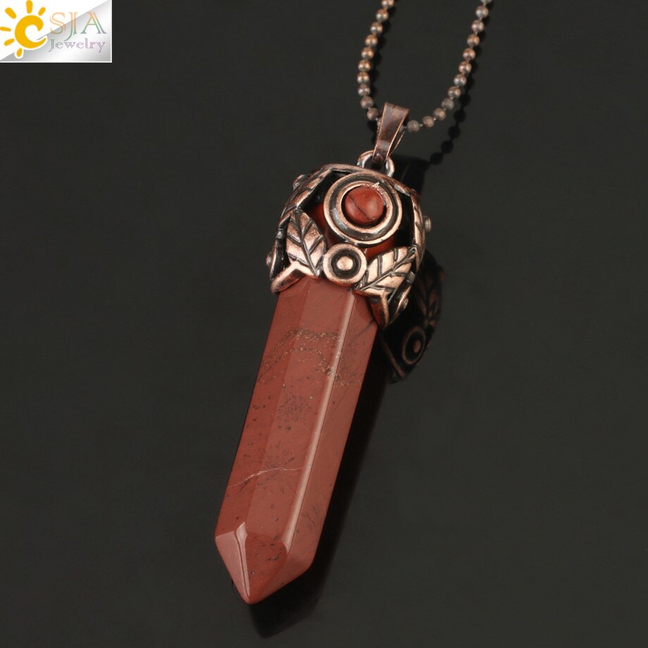 CSJA Naturale Pietra di Cristallo Pendenti con gemme e perle Rosso Antico di Rame Esagonale Colonna Pendente di Energia Femminile Degli Uomini Collane Dei Monili Dell'annata G178: Red Jasper Chain